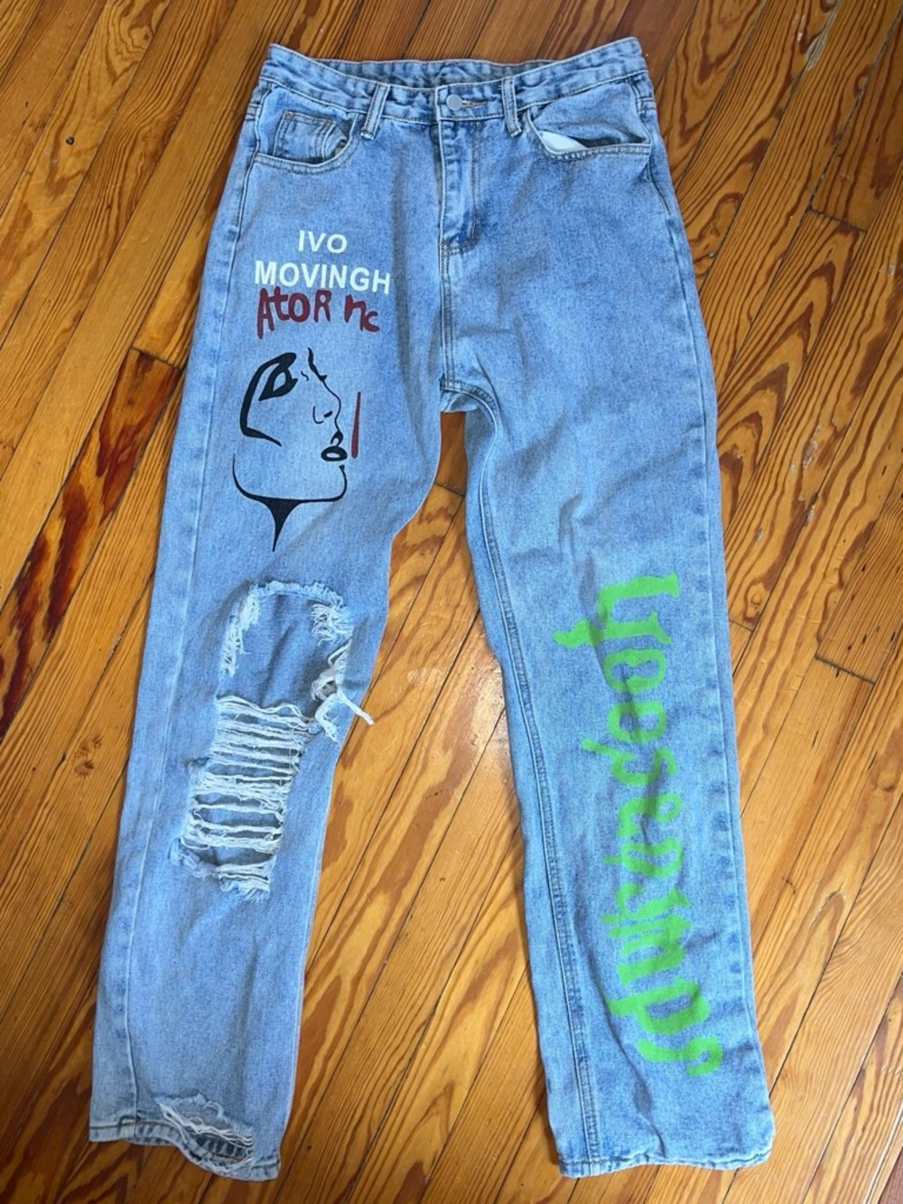 Light Blue Graphic Jeans with Green Script